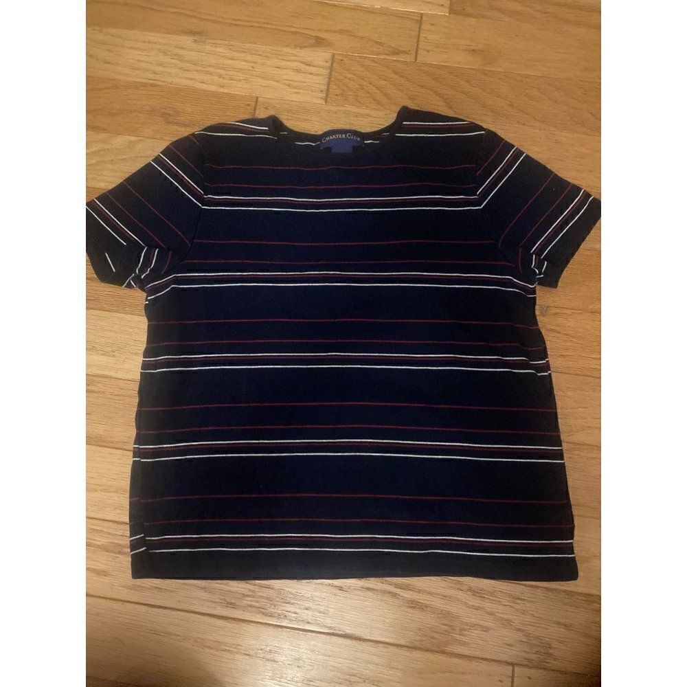 Charter Club, women's navy blue striped, cotton, short sleeve crew neck shirt LG